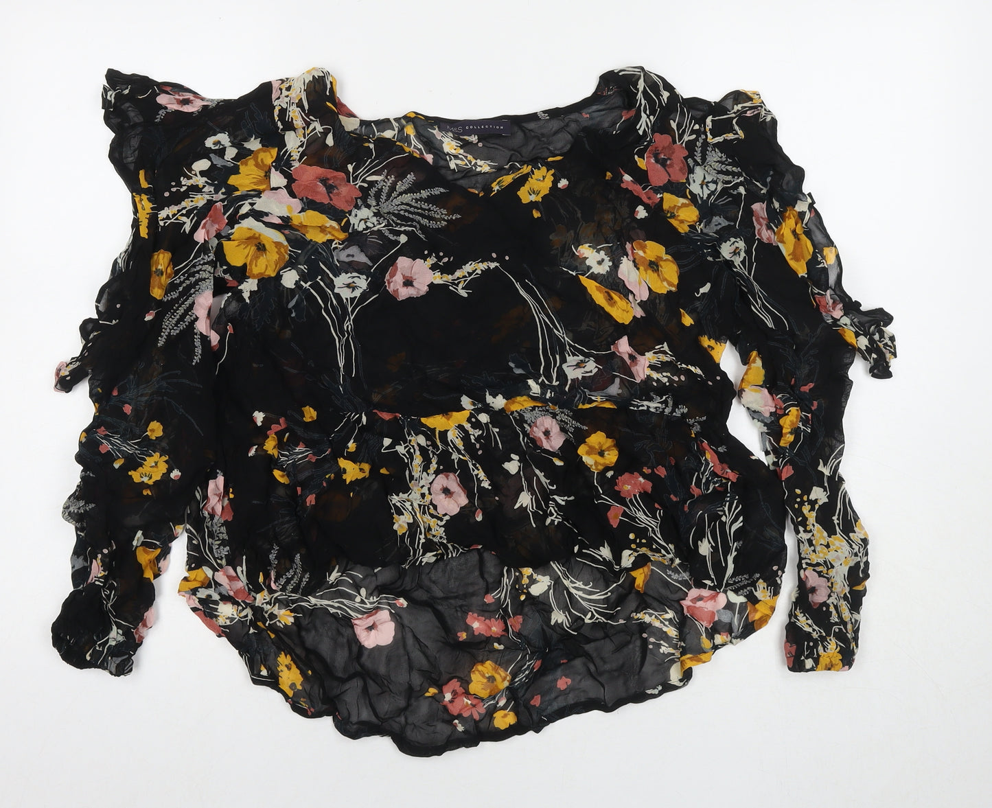 Marks and Spencer Womens Black Floral Viscose Basic Blouse Size 16 Round Neck - Cold Shoulder