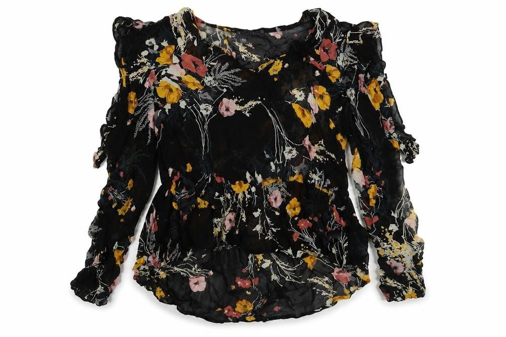 Front view of Marks & Spencer women’s black floral viscose basic blouse, size UK 16, round neck - cold shoulder