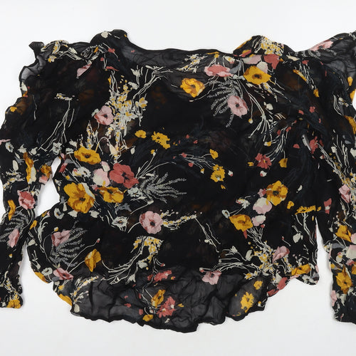 Marks and Spencer Womens Black Floral Viscose Basic Blouse Size 16 Round Neck - Cold Shoulder