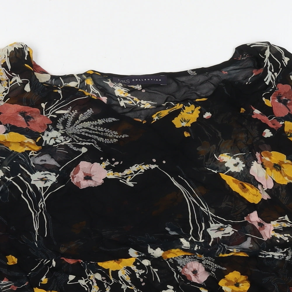 Marks and Spencer Womens Black Floral Viscose Basic Blouse Size 16 Round Neck - Cold Shoulder