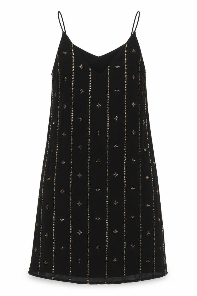 Front view of LOFT women’s black polyester a-line, size XS, round neck pullover - sequin detail