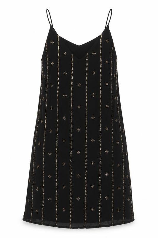 Front view of LOFT women’s black polyester a-line, size XS, round neck pullover - sequin detail