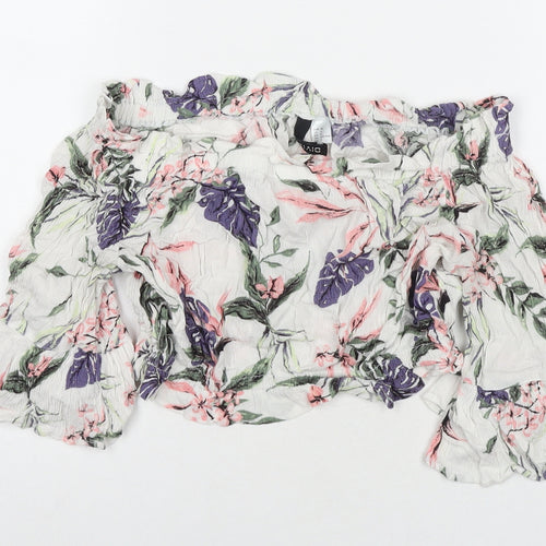 Divided by H&M Womens Multicoloured Floral Viscose Cropped T-Shirt Size 10 Off the Shoulder