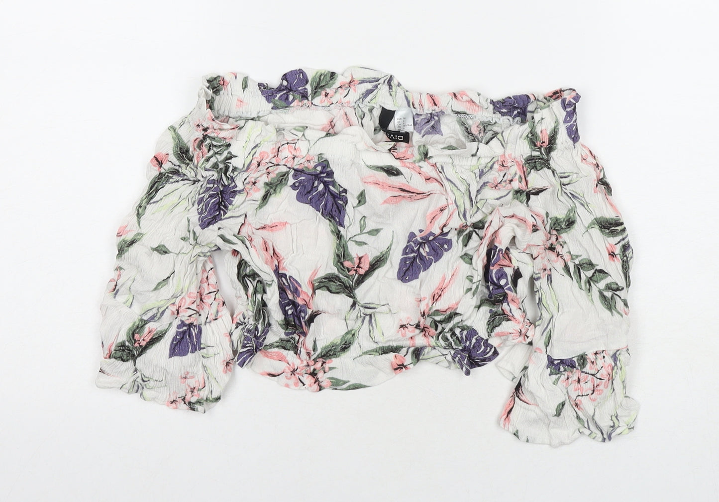 Divided by H&M Womens Multicoloured Floral Viscose Cropped T-Shirt Size 10 Off the Shoulder