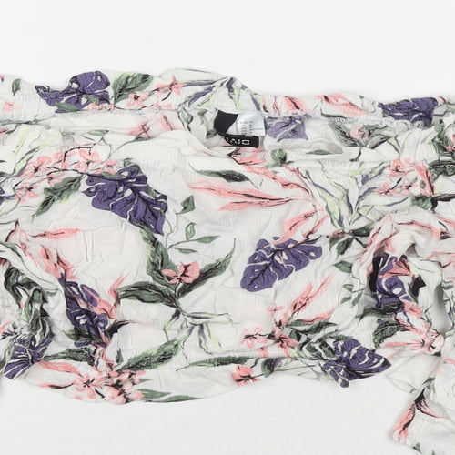 Divided by H&M Womens Multicoloured Floral Viscose Cropped T-Shirt Size 10 Off the Shoulder