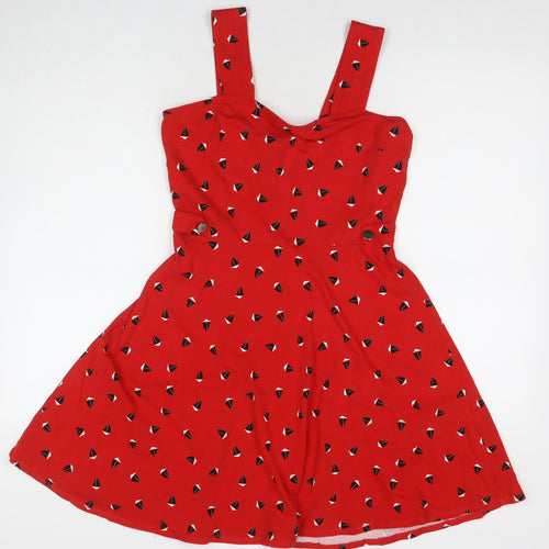 Dorothy Perkins Womens Red Geometric Cotton Fit & Flare Size 12 Square Neck Pullover
