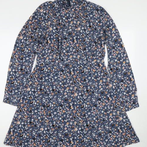Marks and Spencer Womens Blue Floral Polyester A-Line Size 12 Collared Pullover