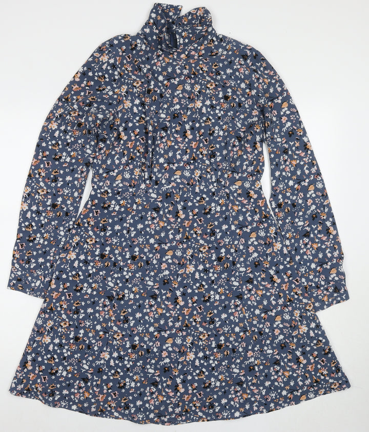 Marks and Spencer Womens Blue Floral Polyester A-Line Size 12 Collared Pullover
