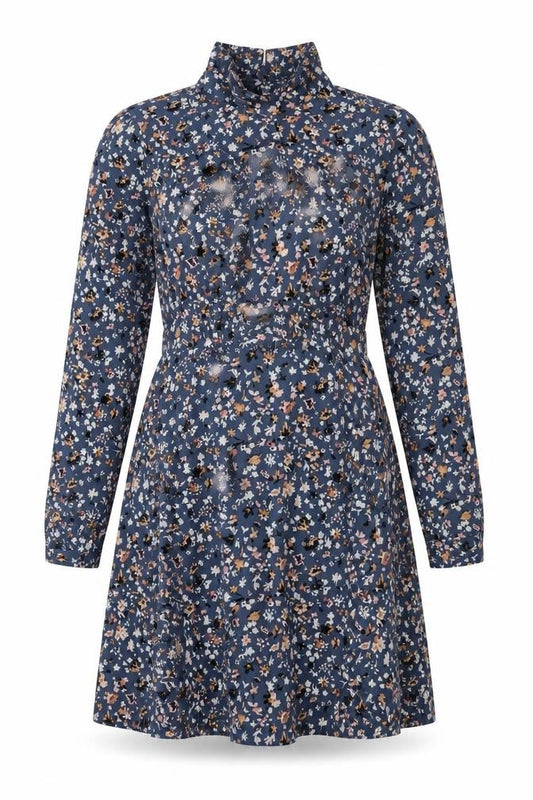 Front view of Marks & Spencer women’s blue floral polyester a-line, size UK 12, collared pullover