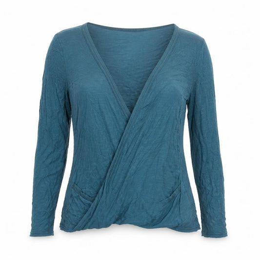 Front view of New Look women’s blue viscose kimono t-shirt, size UK 14, v-neck