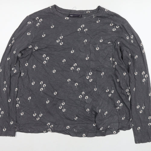 Marks and Spencer Womens Grey Floral Cotton Basic T-Shirt Size 16 Round Neck