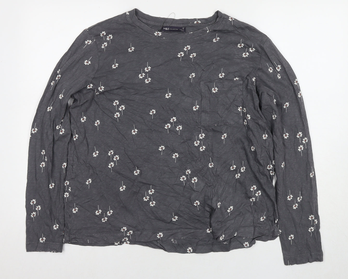 Marks and Spencer Womens Grey Floral Cotton Basic T-Shirt Size 16 Round Neck