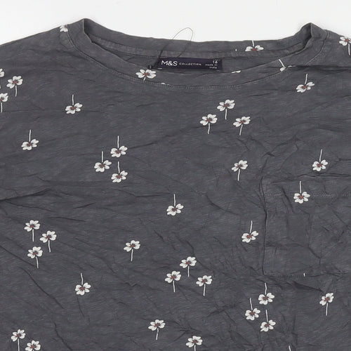 Marks and Spencer Womens Grey Floral Cotton Basic T-Shirt Size 16 Round Neck
