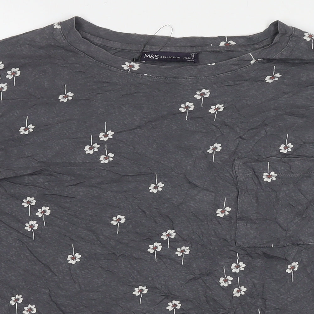 Marks and Spencer Womens Grey Floral Cotton Basic T-Shirt Size 16 Round Neck