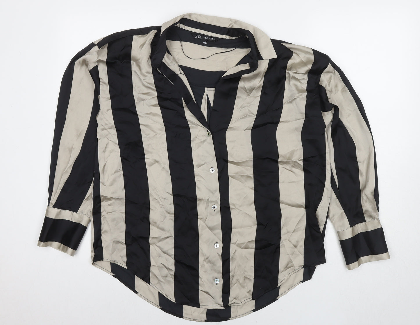 Zara Womens Beige Striped Polyester Basic Button-Up Size M Collared