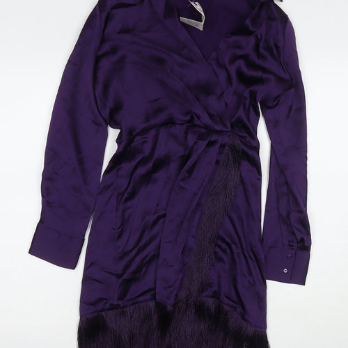 Zara Womens Purple Polyester A-Line Size XS V-Neck Zip - Tasseled