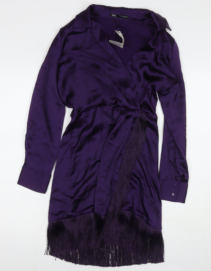 Zara Womens Purple Polyester A-Line Size XS V-Neck Zip - Tasseled