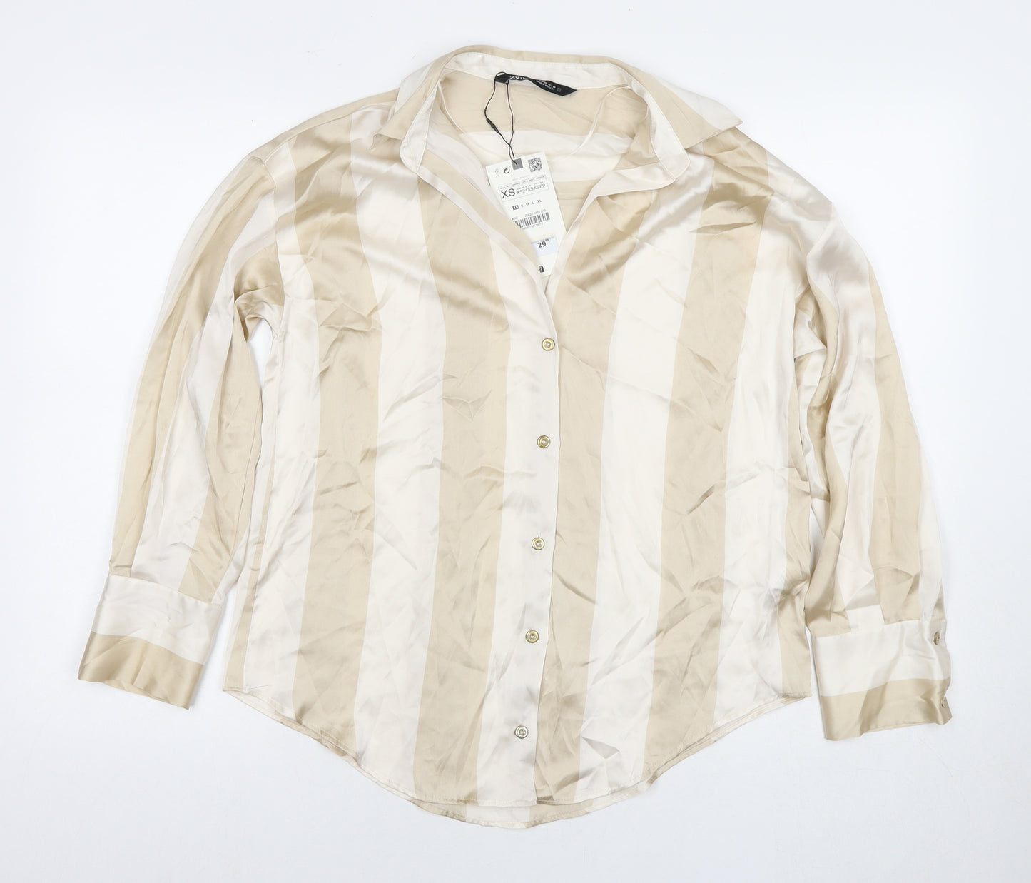 Zara Womens Beige Striped Polyester Basic Button-Up Size XS Collared