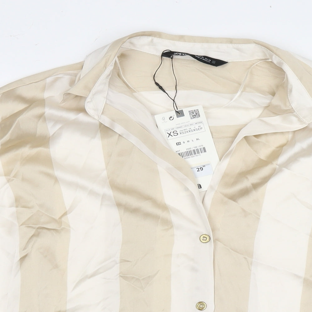 Zara Womens Beige Striped Polyester Basic Button-Up Size XS Collared