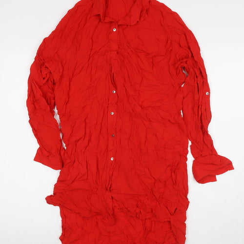 Zara Womens Red Viscose Shirt Dress Size S Collared Zip