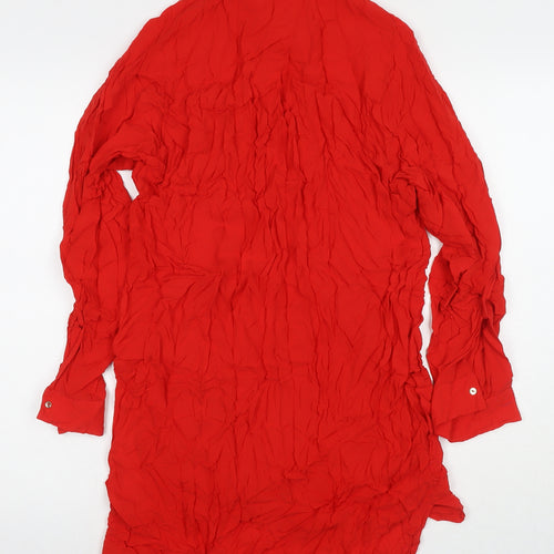 Zara Womens Red Viscose Shirt Dress Size S Collared Zip
