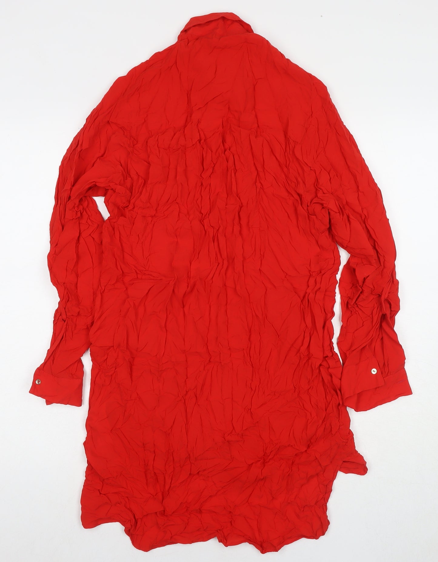 Zara Womens Red Viscose Shirt Dress Size S Collared Zip