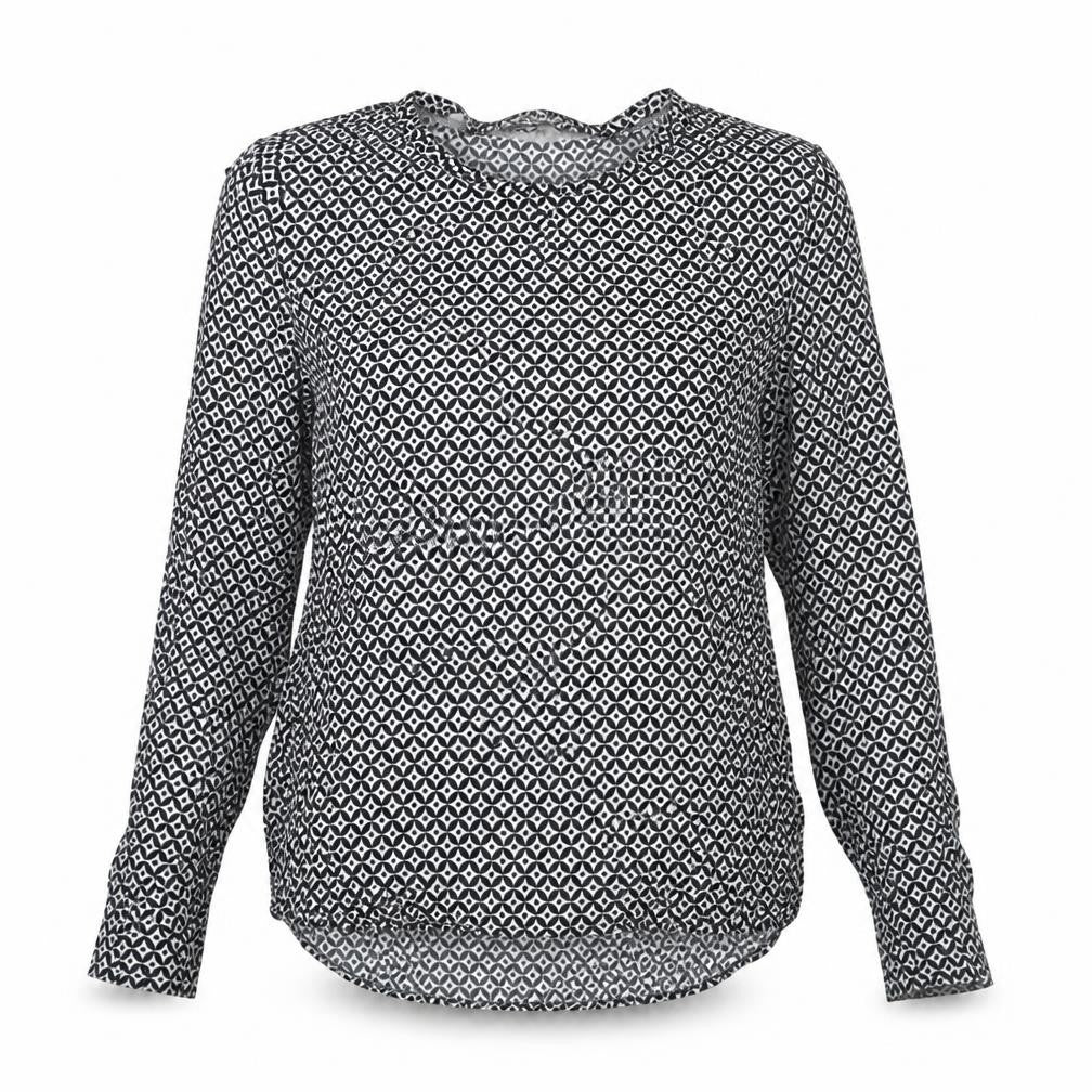 Front view of Zara women’s black geometric viscose basic blouse, size L, boat neck