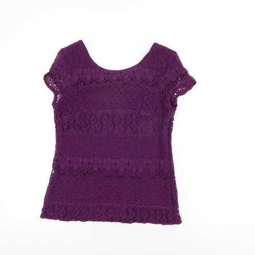 Kaliko Womens Purple Floral Cotton Basic T-Shirt Size 10 Round Neck