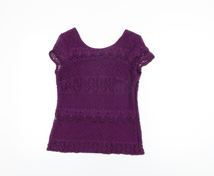 Kaliko Womens Purple Floral Cotton Basic T-Shirt Size 10 Round Neck