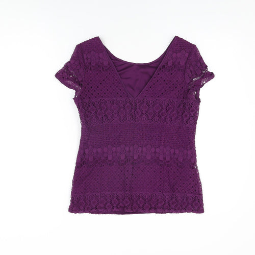 Kaliko Womens Purple Floral Cotton Basic T-Shirt Size 10 Round Neck