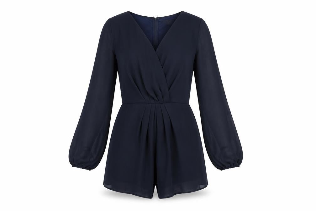 Front view of AX Paris women’s blue polyester playsuit one-piece, size UK 10, 3-inch leg zip