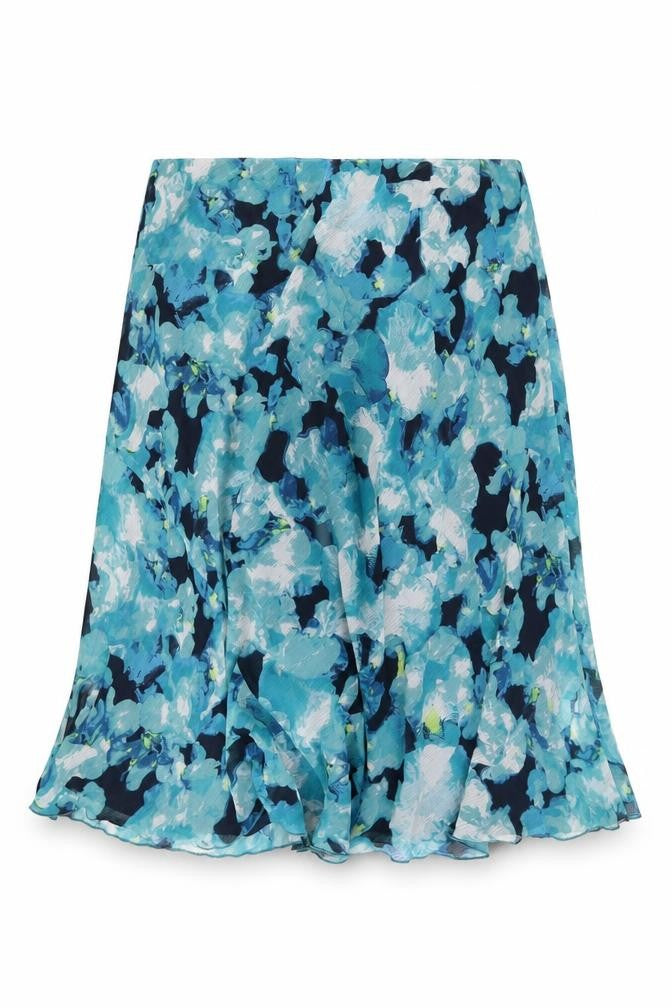 Front view of Isle women’s blue floral polyester swing skirt, size UK 22