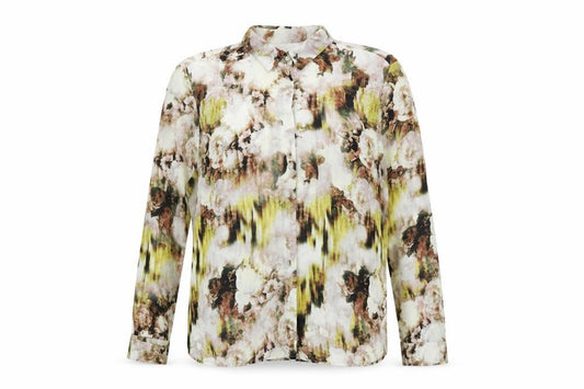 Front view of Marks & Spencer women’s beige geometric polyester basic button-up, size UK 12, collared