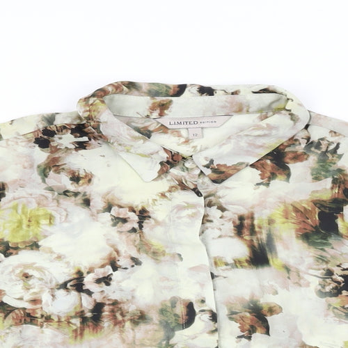 Marks and Spencer Womens Beige Geometric Polyester Basic Button-Up Size 12 Collared