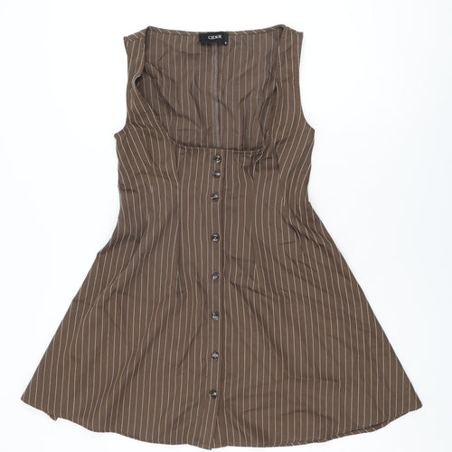 Cider Womens Brown Striped Polyester Skater Dress Size S Scoop Neck Button