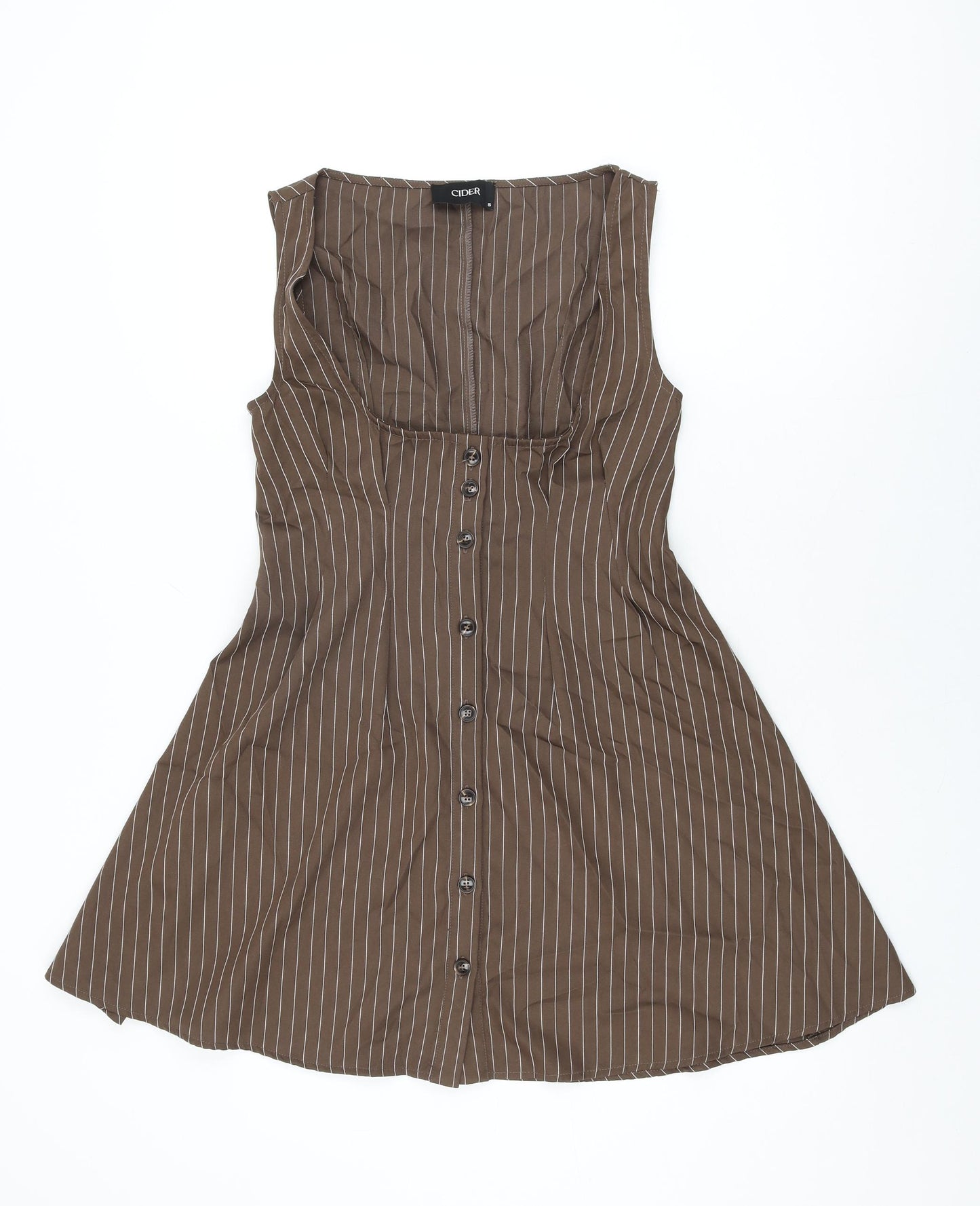 Cider Womens Brown Striped Polyester Skater Dress Size S Scoop Neck Button