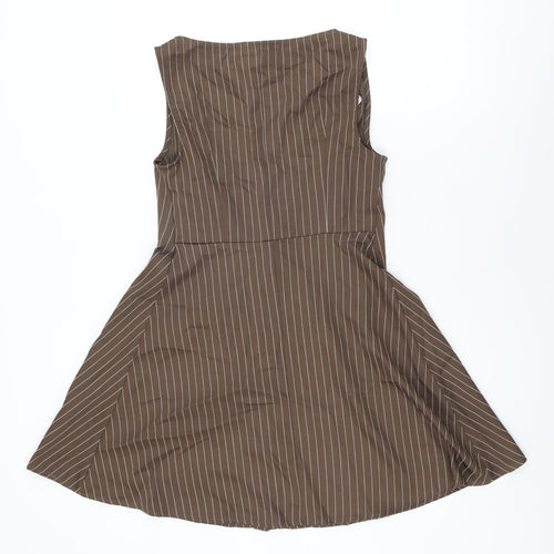 Cider Womens Brown Striped Polyester Skater Dress Size S Scoop Neck Button