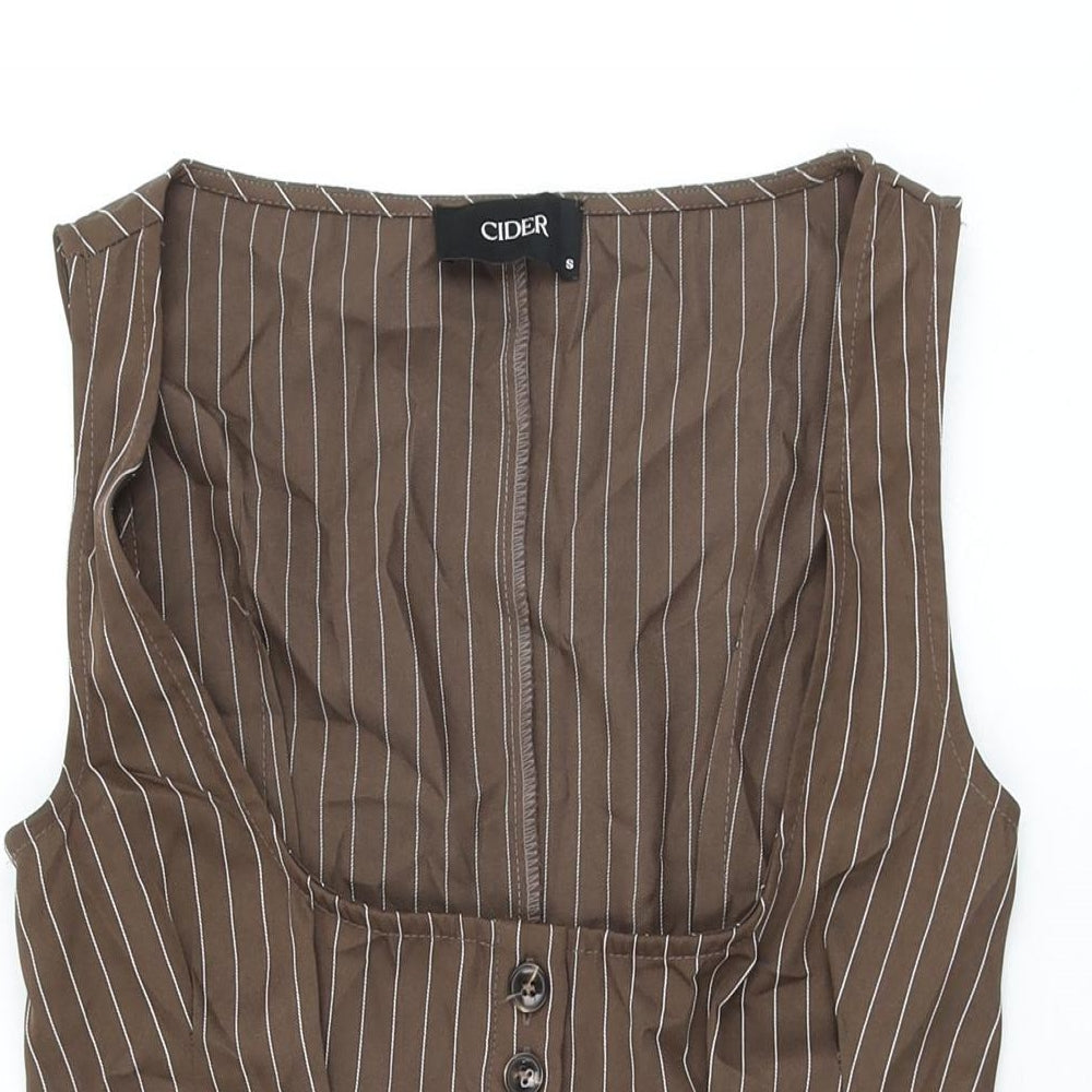 Cider Womens Brown Striped Polyester Skater Dress Size S Scoop Neck Button