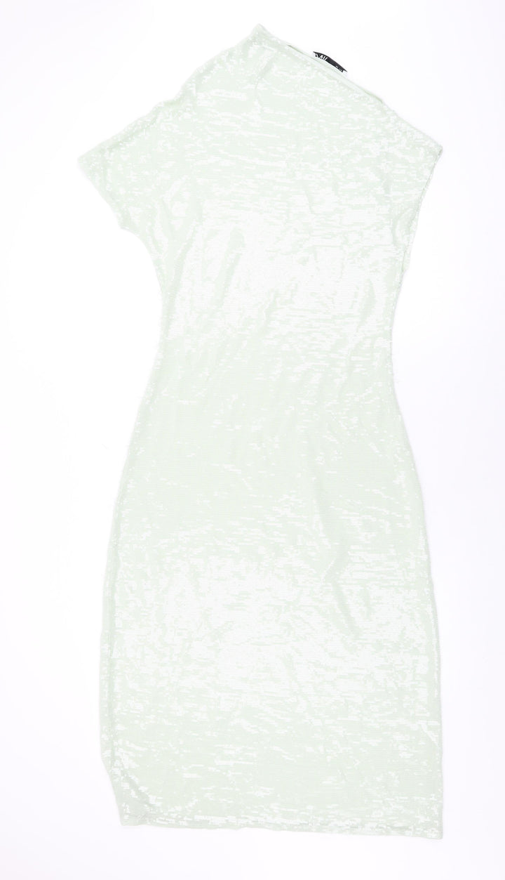 Zara Womens Green Polyester Shift Size S One Shoulder Pullover - Sequins