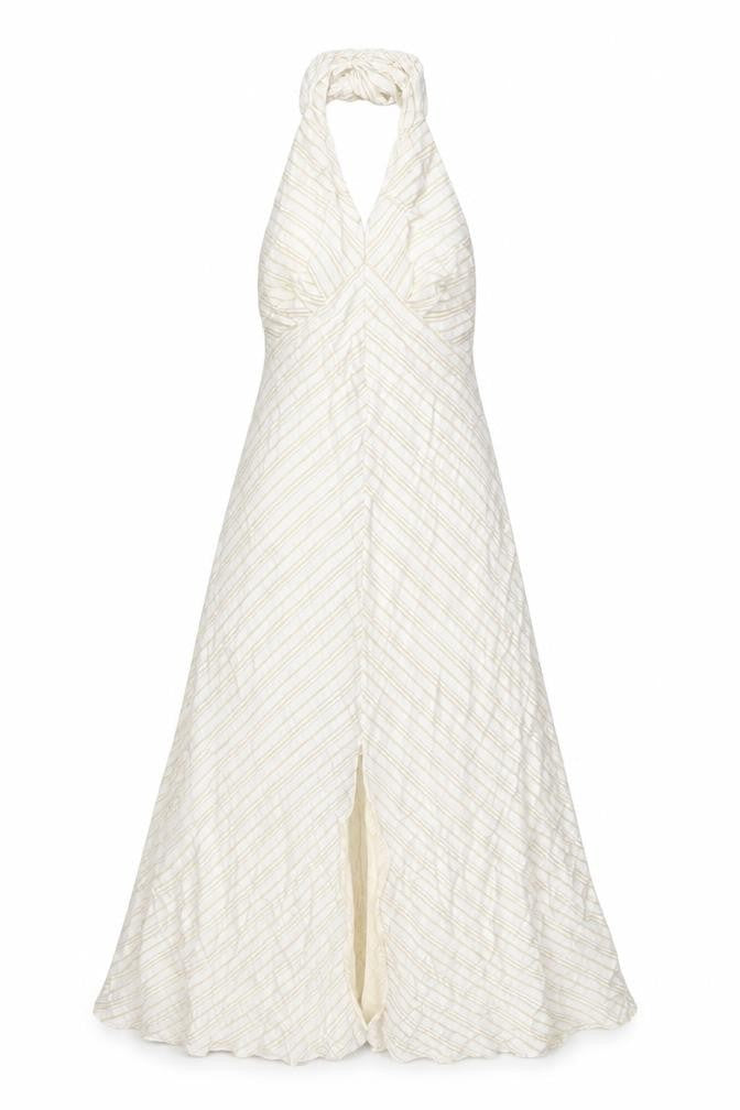 Front view of Topshop women’s beige striped viscose a-line, size UK 10, halter zip