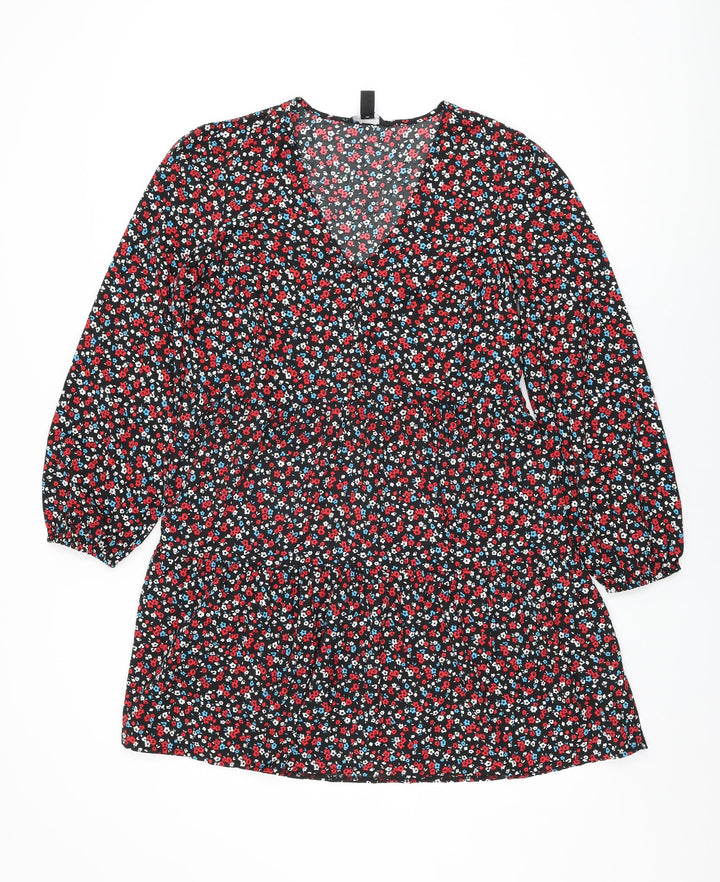 New Look Womens Black Floral Polyester Shift Size 10 V-Neck Pullover