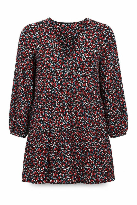 Front view of New Look women’s black floral polyester shift, size UK 10, v-neck pullover