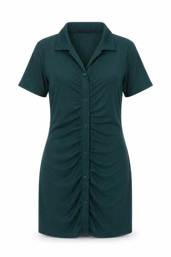Front view of Just Your Outfit women’s green polyester bodycon, size M, collared button