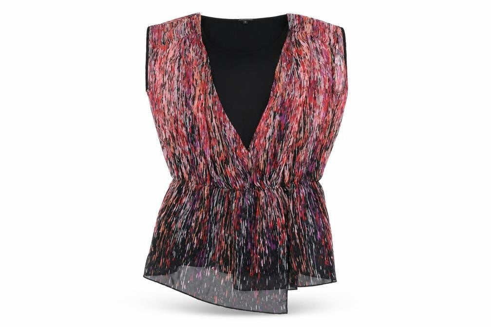 Front view of Marks & Spencer women’s black geometric polyester basic blouse, size UK 12, round neck