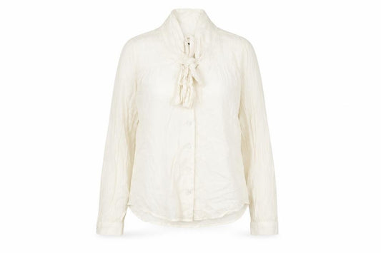 Front view of H&M women’s ivory viscose basic button-up, size UK 10, round neck