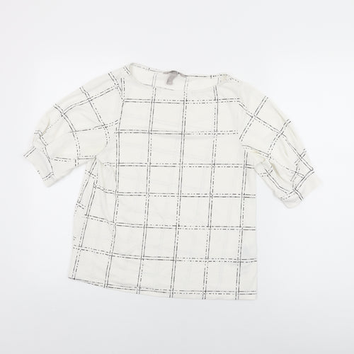 H&M Womens White Geometric Polyester Basic T-Shirt Size S Round Neck