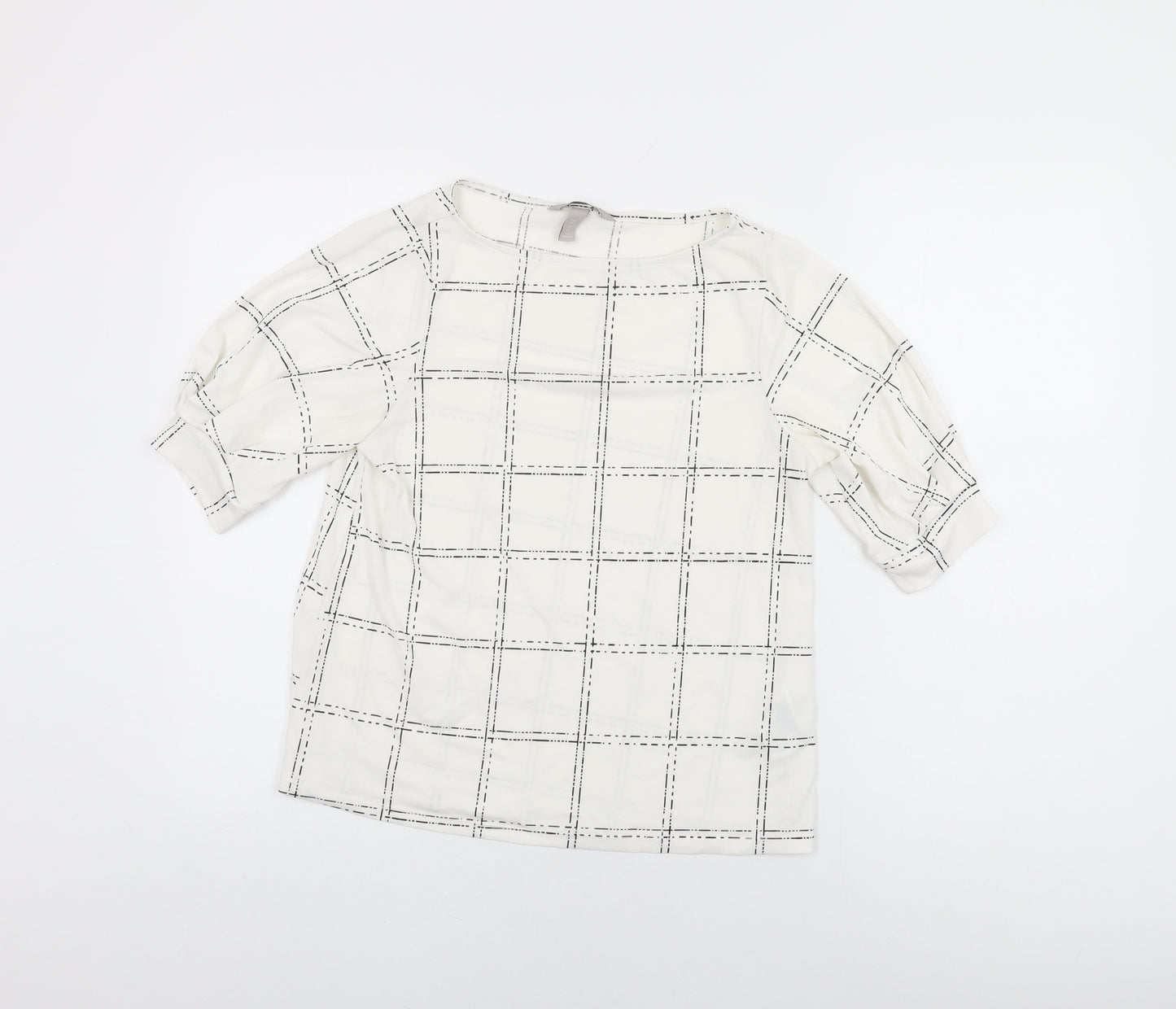 H&M Womens White Geometric Polyester Basic T-Shirt Size S Round Neck
