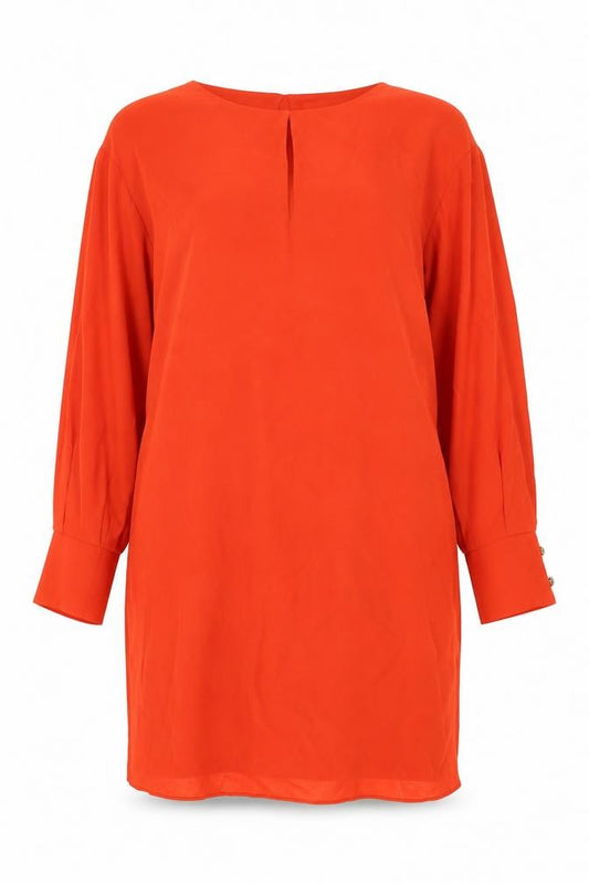 Front view of River Island women’s red polyester shift, size UK 14, round neck button
