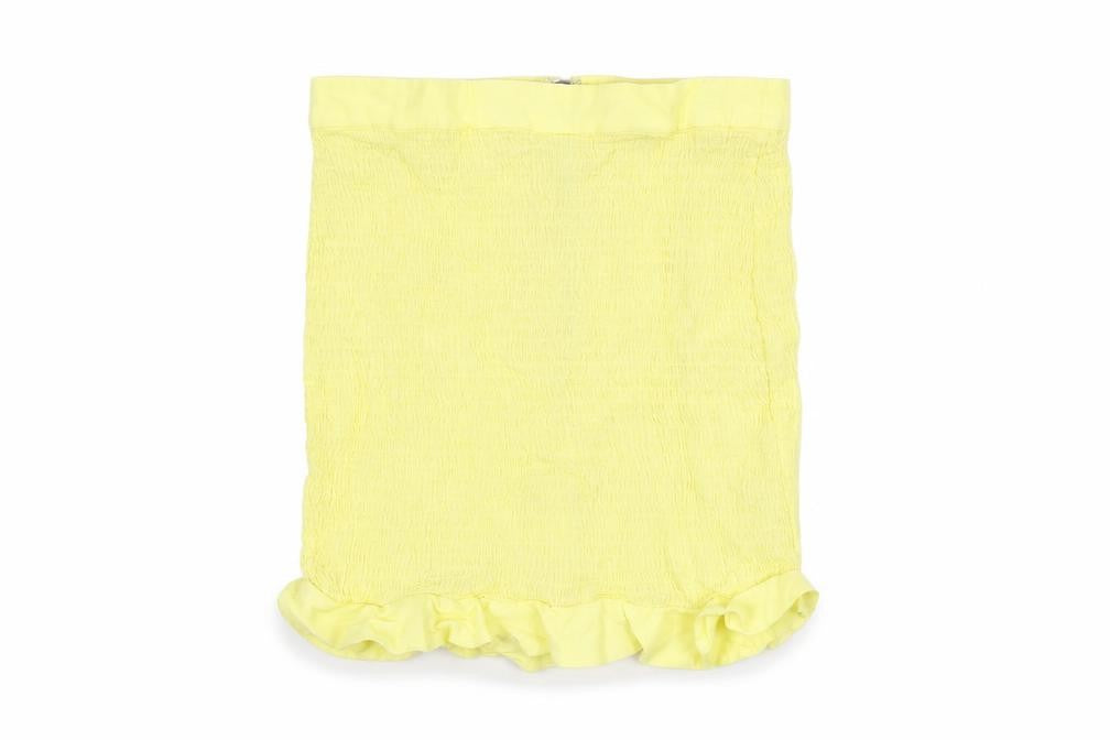 Front view of Oh Polly women’s yellow rayon mini skirt, size UK 10, zip