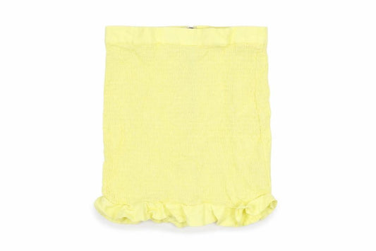 Front view of Oh Polly women’s yellow rayon mini skirt, size UK 10, zip